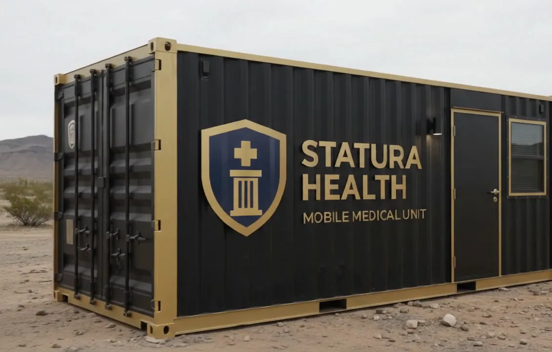 The Statura Health mobile medical unit, a containerised occupational health centre, photographed on open ground.